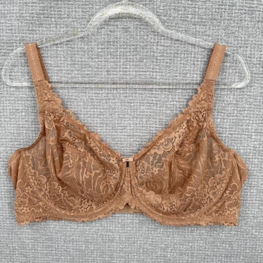 Delimira Lace Bra Womens‎ 44DD Barely Buff Full Coverage Underwire Unlined Sheer